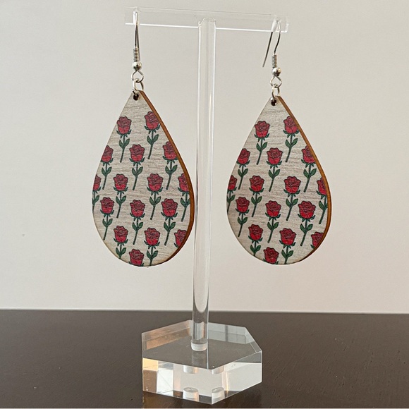 Rose Patterned Wooden Teardrop Earrings - Picture 1 of 2